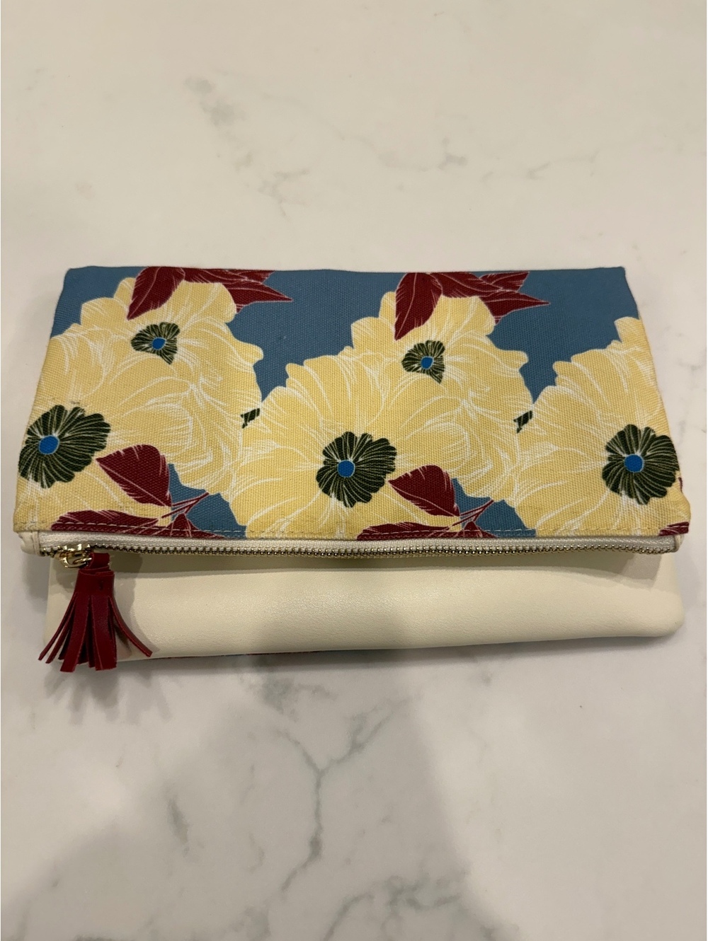 Fold Over Floral Clutch Bag with White Faux Leather Accent